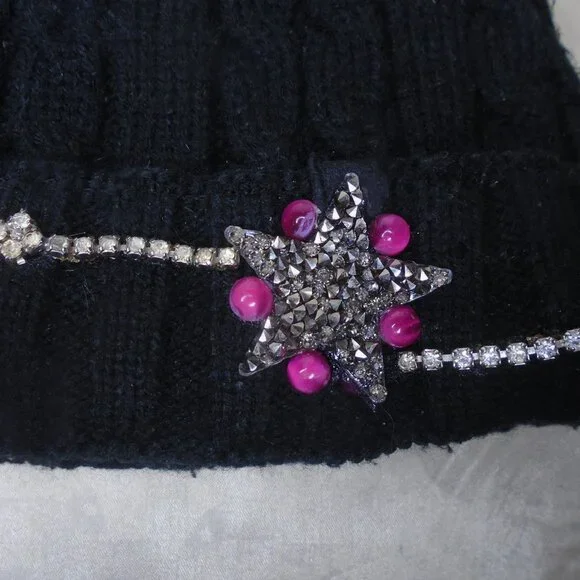 Black Beanie with Star & Rhinestone-Embellished OOAK Acrylic Knit Cap Hat - Picture 3 of 8